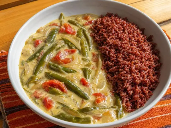 Bhutanese-Inspired Chile Cheese Stew with Red Rice, finished dish