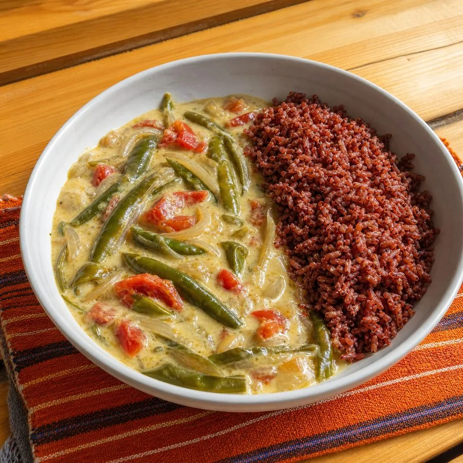 Bhutanese-Inspired Chile Cheese Stew with Red Rice, finished dish