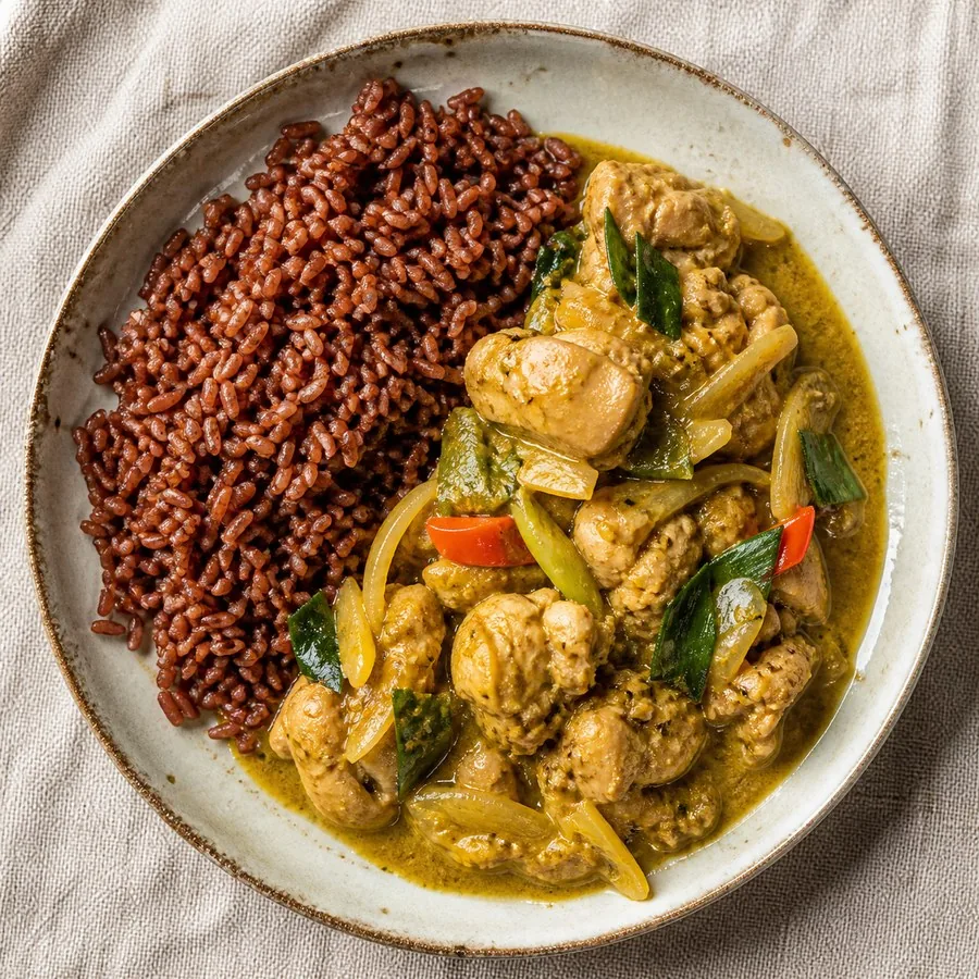 Bhutanese Jasha Maroo Chicken with Red Rice, original finished dish food photograph
