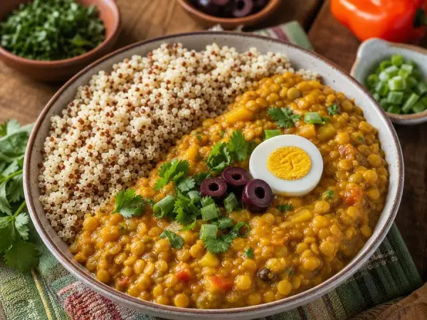Bolivian Aji de Lentejas with Quinoa, finished dish