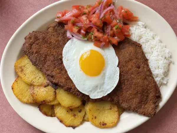 Bolivian Silpancho-Inspired Beef and Potato Plates, finished dish