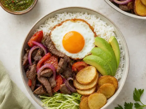 Bolivian Silpancho-Inspired Beef Bowl, finished dish