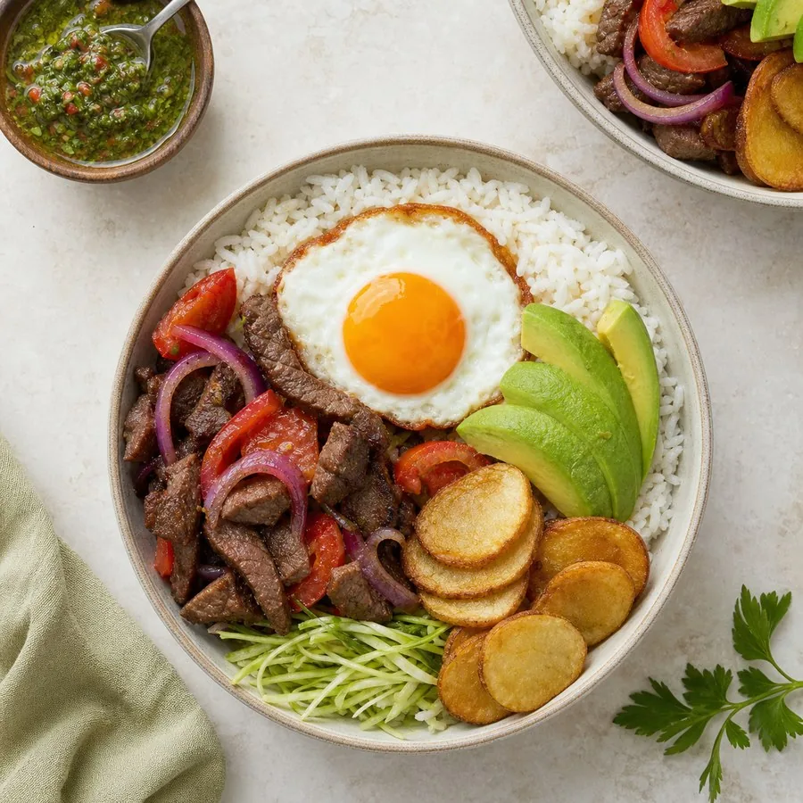Bolivian Silpancho-Inspired Beef Bowl, finished dish