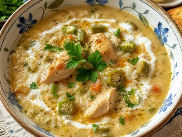 Bosnian Begova Čorba Chicken Okra Soup, plated and ready to serve