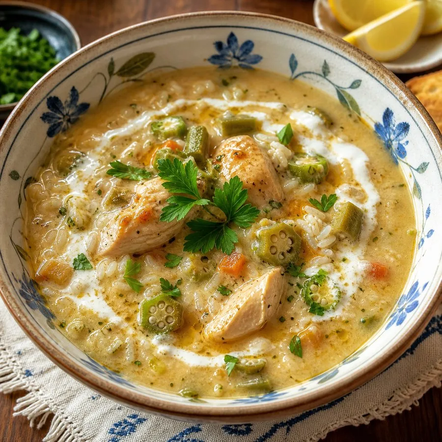 Bosnian Begova Čorba Chicken Okra Soup, plated and ready to serve