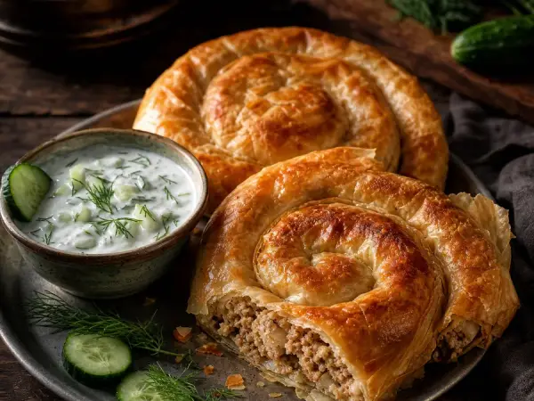Chicken burek spirals with cucumber yogurt sauce