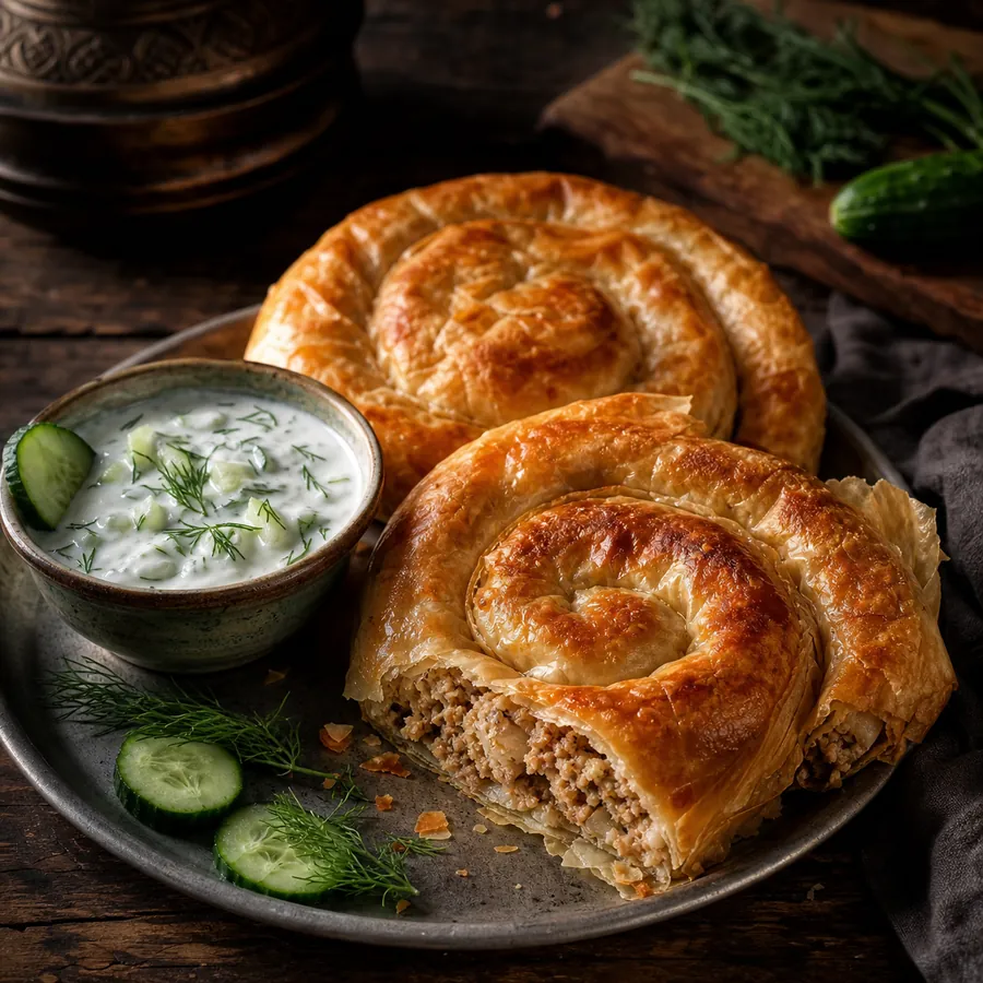 Chicken burek spirals with cucumber yogurt sauce