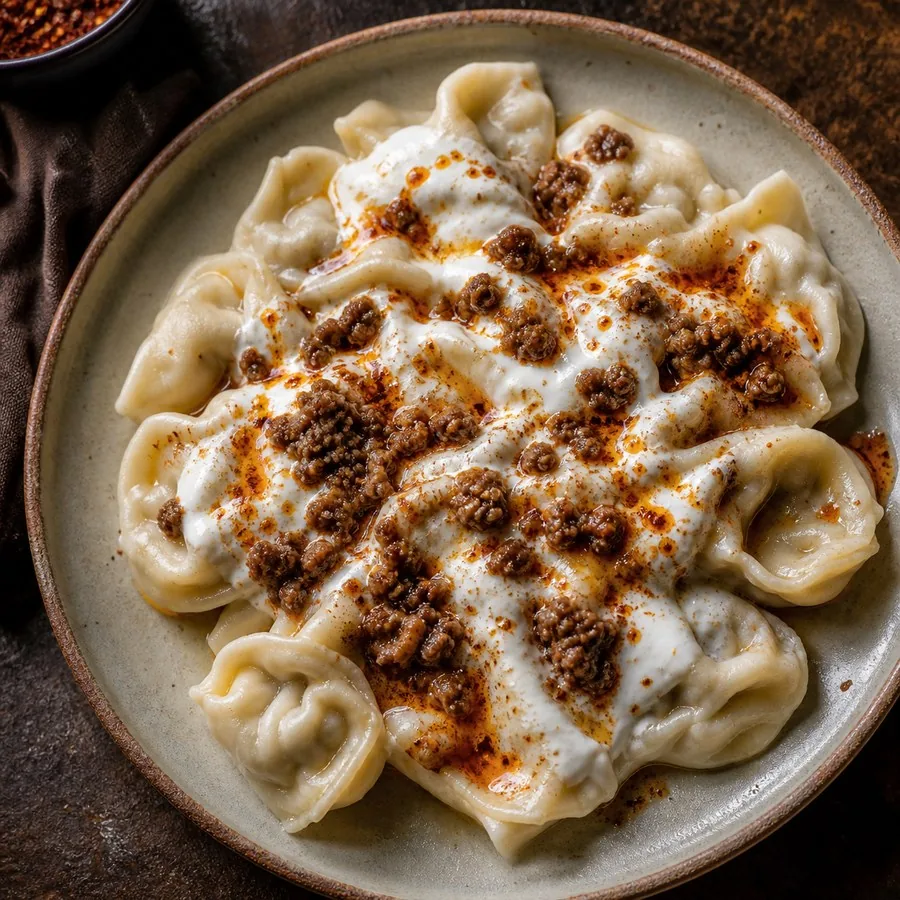 Bosnian Klepe Beef Dumplings with Yogurt, finished dish
