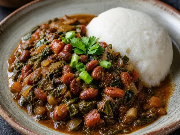 Botswanan Morogo Bean Stew with Pap, plated as a finished dinner