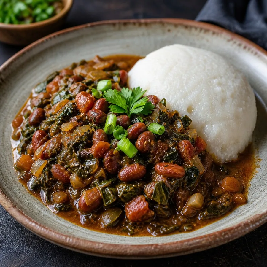 Botswanan Morogo Bean Stew with Pap, plated as a finished dinner