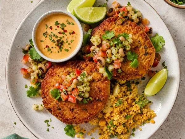 Brazilian Acaraje-Inspired Black-Eyed Pea Fritters, finished dish