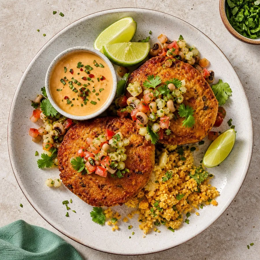 Brazilian Acaraje-Inspired Black-Eyed Pea Fritters, finished dish