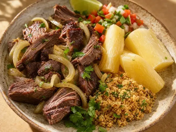 Brazilian Carne de Sol-Inspired Beef with Cassava, finished dish