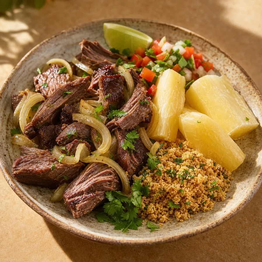 Brazilian Carne de Sol-Inspired Beef with Cassava, finished dish