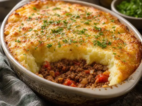 Golden cassava-topped beef casserole with a spooned serving