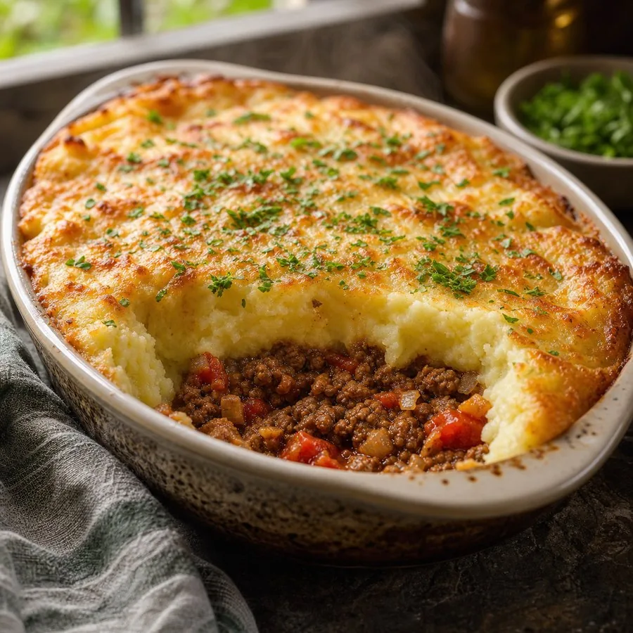 Golden cassava-topped beef casserole with a spooned serving