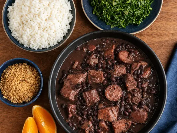 Black bean and pork stew with rice, collards and orange
