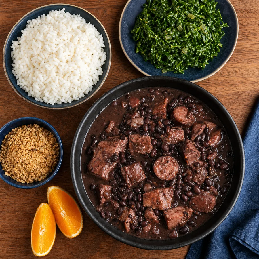 Black bean and pork stew with rice, collards and orange