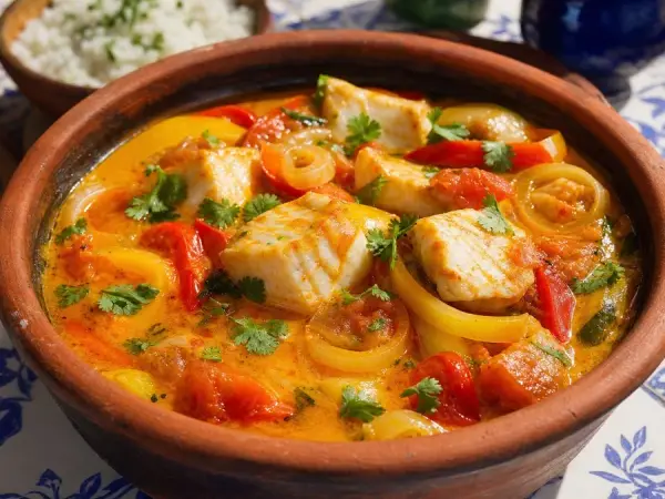 Coconut fish stew with red and yellow peppers in a clay pot