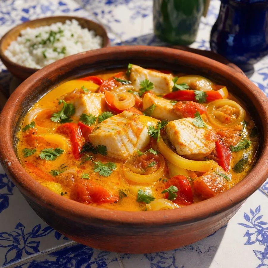 Coconut fish stew with red and yellow peppers in a clay pot