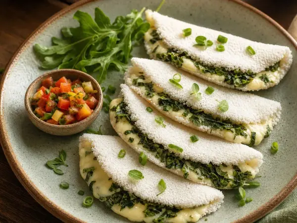 Brazilian Tapioca Crepes with Cheese and Greens, finished dish