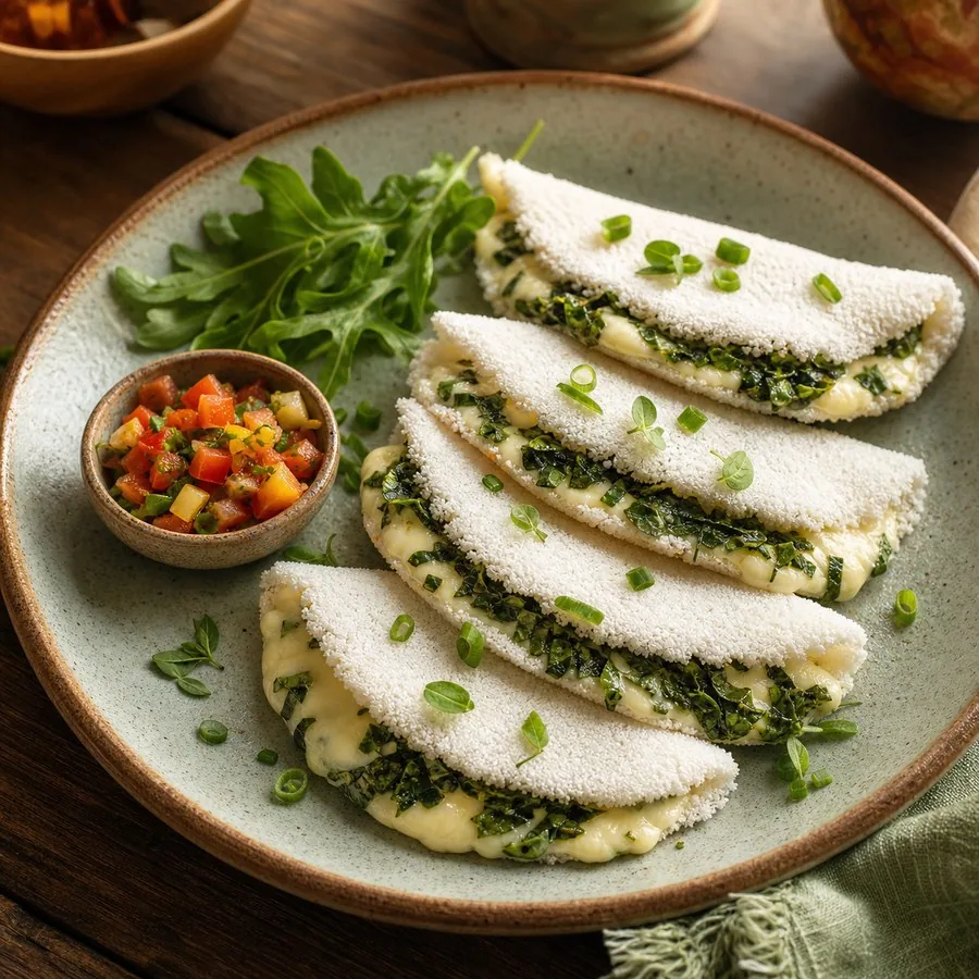 Brazilian Tapioca Crepes with Cheese and Greens, finished dish