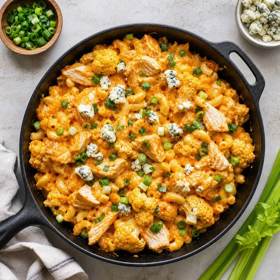 Buffalo Chicken Cauliflower Mac Skillet, finished dish