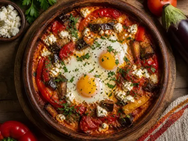 Bulgarian Gyuveche Vegetable Egg Bake, plated and ready to serve
