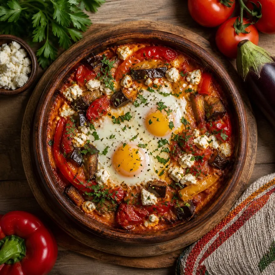 Bulgarian Gyuveche Vegetable Egg Bake, plated and ready to serve