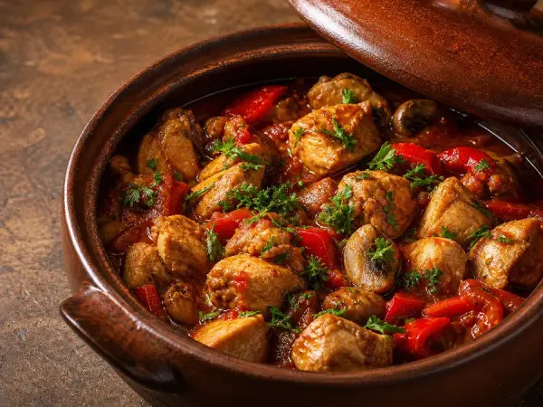 Bulgarian chicken kavarma with peppers and mushrooms