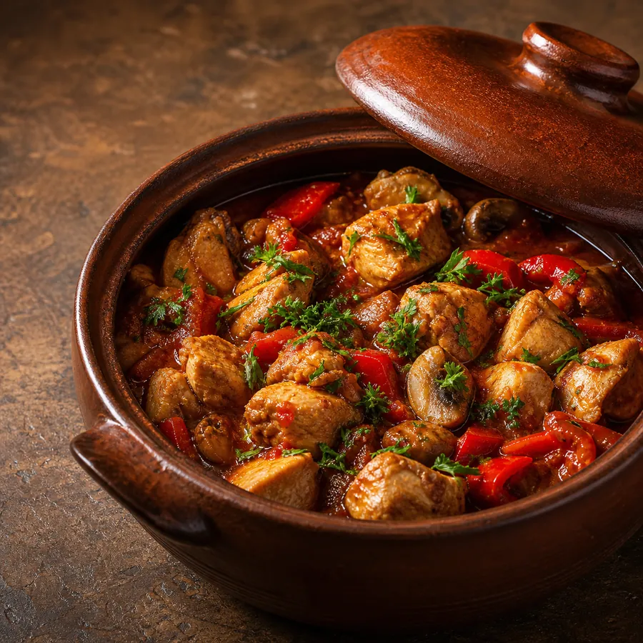Bulgarian chicken kavarma with peppers and mushrooms