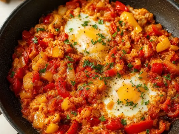 Bulgarian Mish-Mash Egg and Pepper Skillet, finished dish