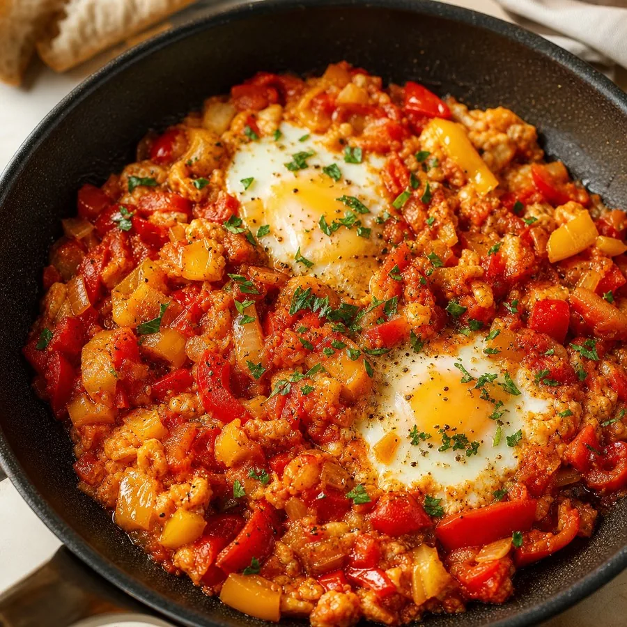 Bulgarian Mish-Mash Egg and Pepper Skillet, finished dish