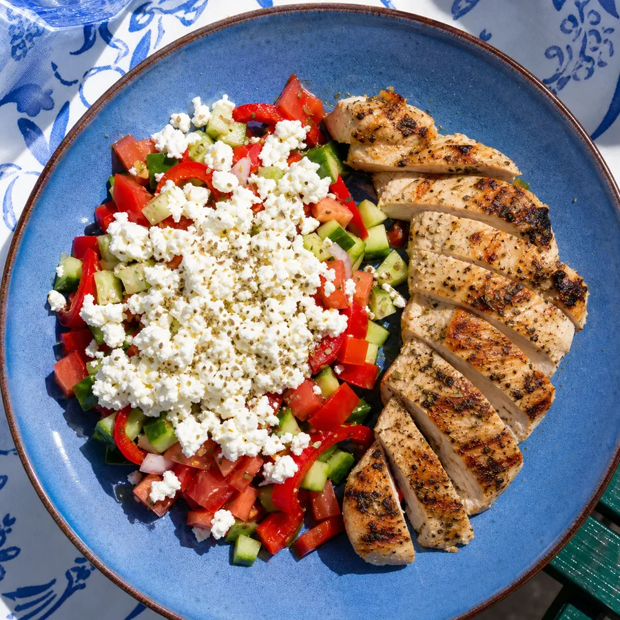 Bulgarian Shopska Salad with Grilled Chicken, finished dish