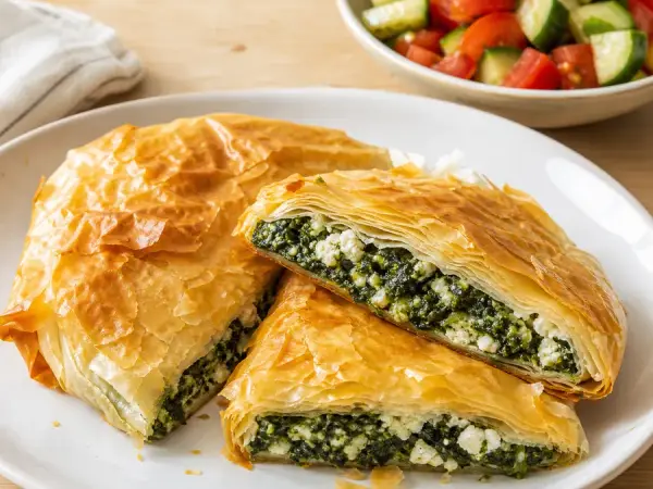 Bulgarian spinach feta banitsa with tomato cucumber salad