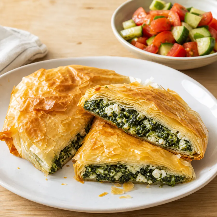 Bulgarian spinach feta banitsa with tomato cucumber salad