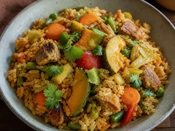Burkinabe Riz Gras Vegetable Skillet, plated as a finished dinner