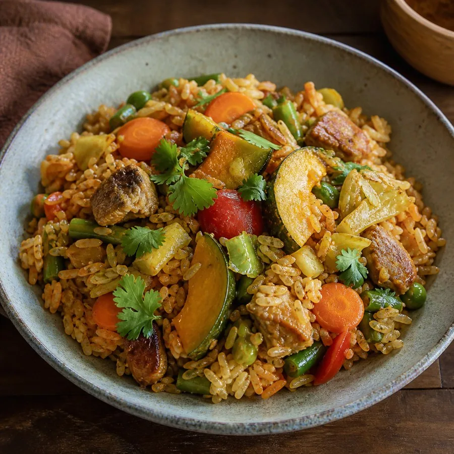 Burkinabe Riz Gras Vegetable Skillet, plated as a finished dinner