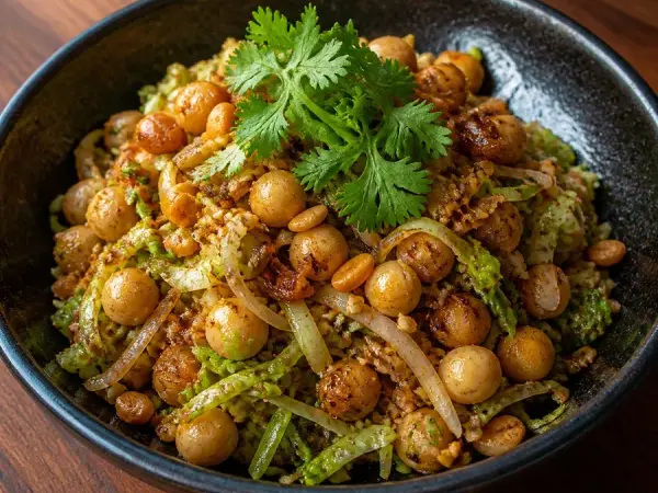 Burmese Laphet Thoke Chickpea Salad, original finished dish food photograph