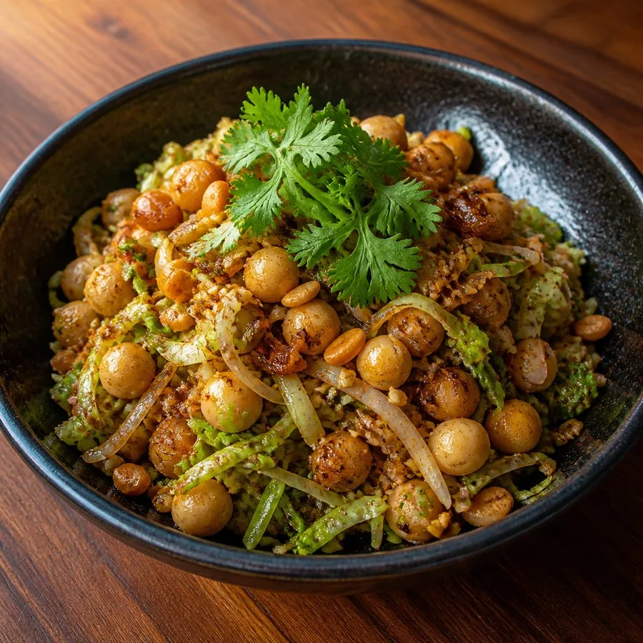 Burmese Laphet Thoke Chickpea Salad, original finished dish food photograph