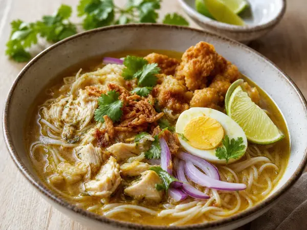 Burmese Mohinga Fish Noodle Soup, finished dish