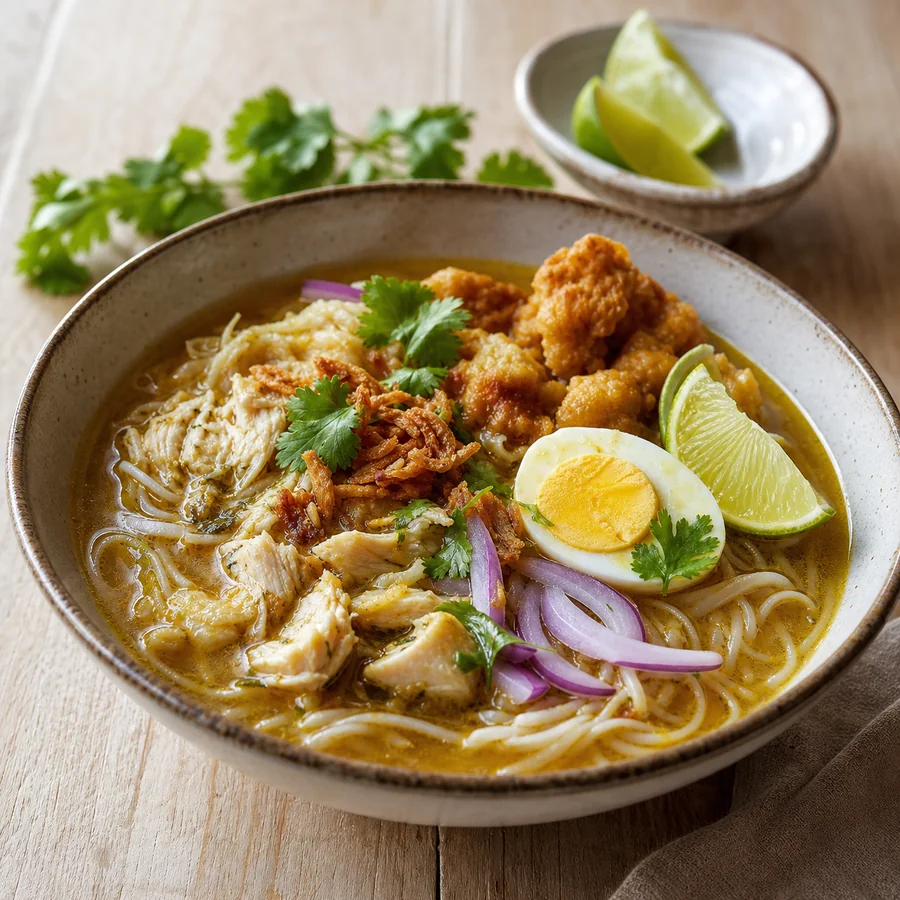 Burmese Mohinga Fish Noodle Soup, finished dish