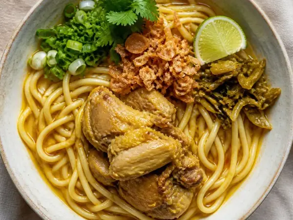 Burmese Ohn No Khao Swe Chicken Noodles, original finished dish food photograph