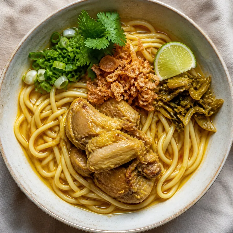 Burmese Ohn No Khao Swe Chicken Noodles, original finished dish food photograph