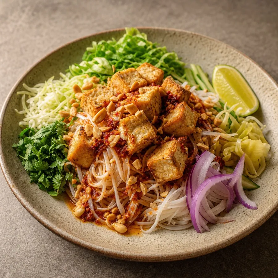 Burmese Shan Tofu Noodle Salad, original finished dish food photograph