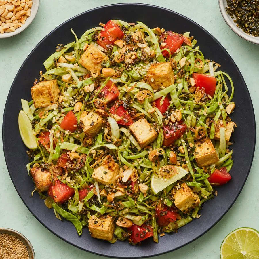Burmese Tea Leaf-Inspired Cabbage Tofu Salad, finished dish