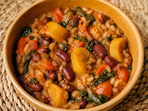 Burundian Bean and Plantain Stew with greens
