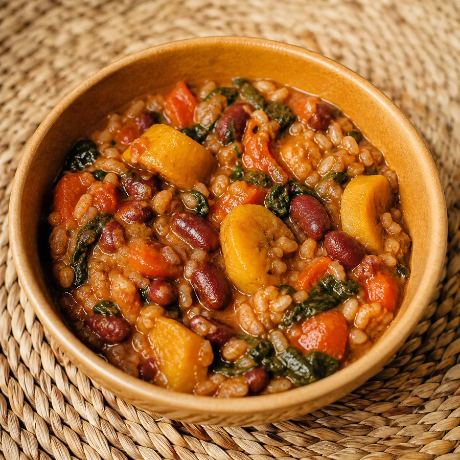 Burundian Bean and Plantain Stew with greens