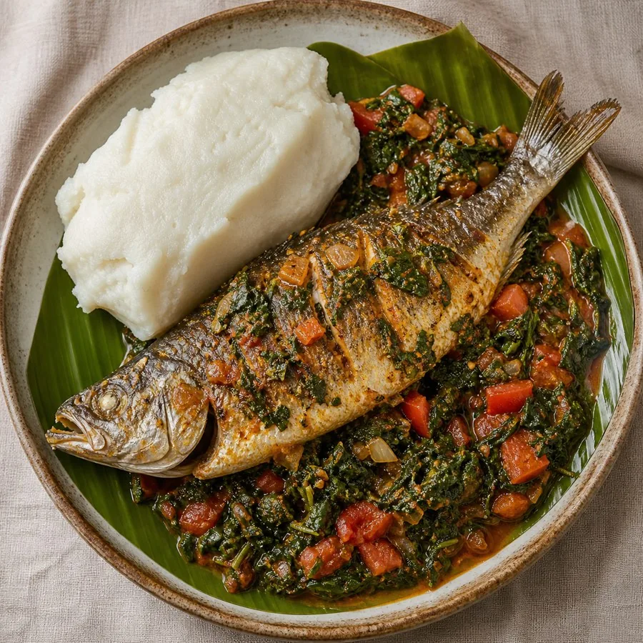 Burundian Mukeke Fish with Tomato Greens, plated as a finished dinner