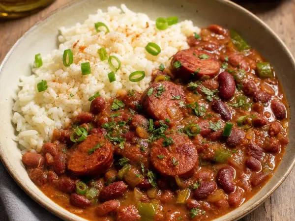 Cajun Red Beans with Andouille and Quick Rice, finished dish